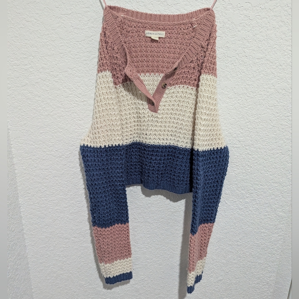 Aeropostale V-Neck Colorblock Sweater - Pink, Cream, Blue